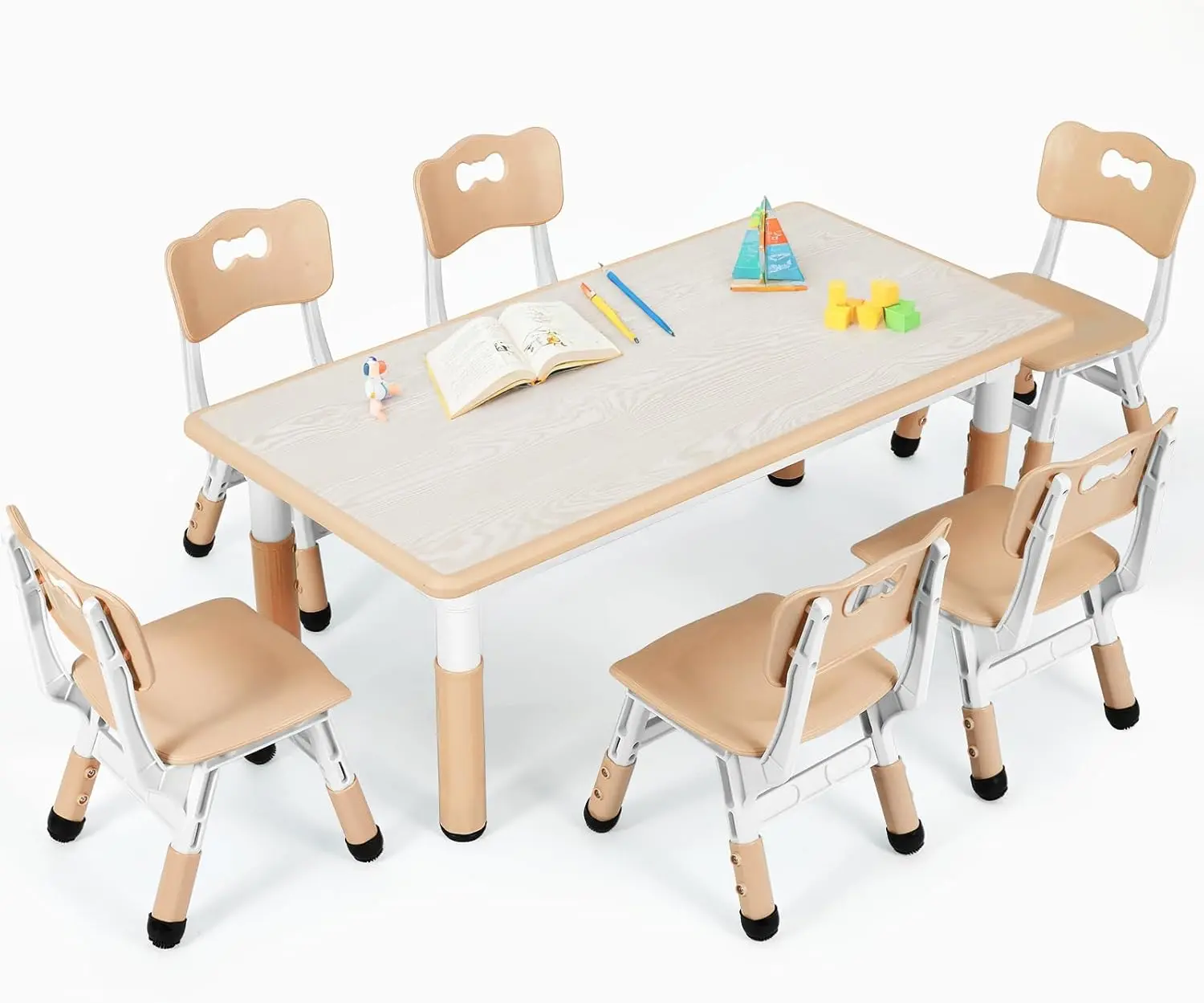 MAMIZO Kids Table and 6 Chairs Set, Height Adjustable Children Activity Table for Ages 2-10, Graffiti Desktop, Non-Slip Legs, Toddler Art & Crafts Table for Classroom, Daycare