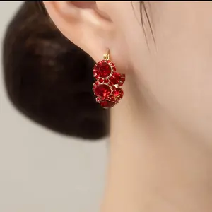 Fashionable retro earrings with red zircon inlay, exquisite design for women, DDES0744, compact and unique, simple and versatile earrings, 14K gold-plated