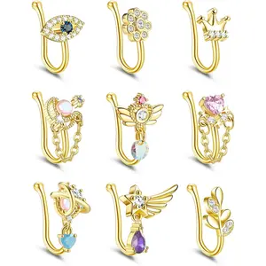 FIBO STEEL 9 PCS Fake Nose Rings for Women Nose Cuffs Evil Eye Leaf Moon Heart Wing Adjustable Non-Pierced Piercing Jewelry
