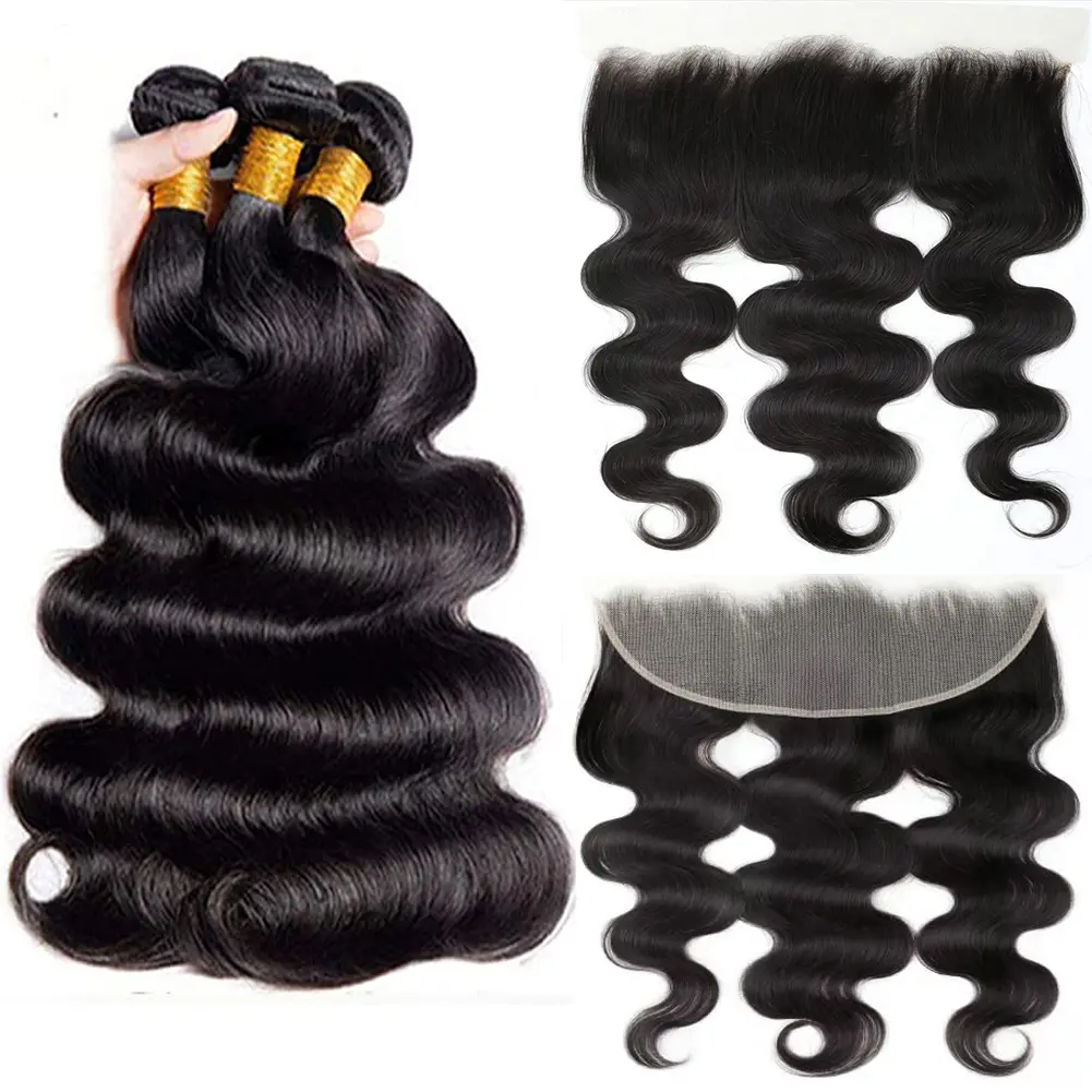 Body Wave Bundles Human Hair 100% Unprocessed Brazilian Hair Extensions, Body Wave Bundles with 4X4 Lace Closure,13x4 Transparent Lace Frontal with Bundles