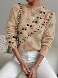 Women's Heart Colorblock Knit Sweater, Fall Winter Casual Long Sleeve Top, Comfortable Warm Fitted Pullover, Elegant Animal Print Design