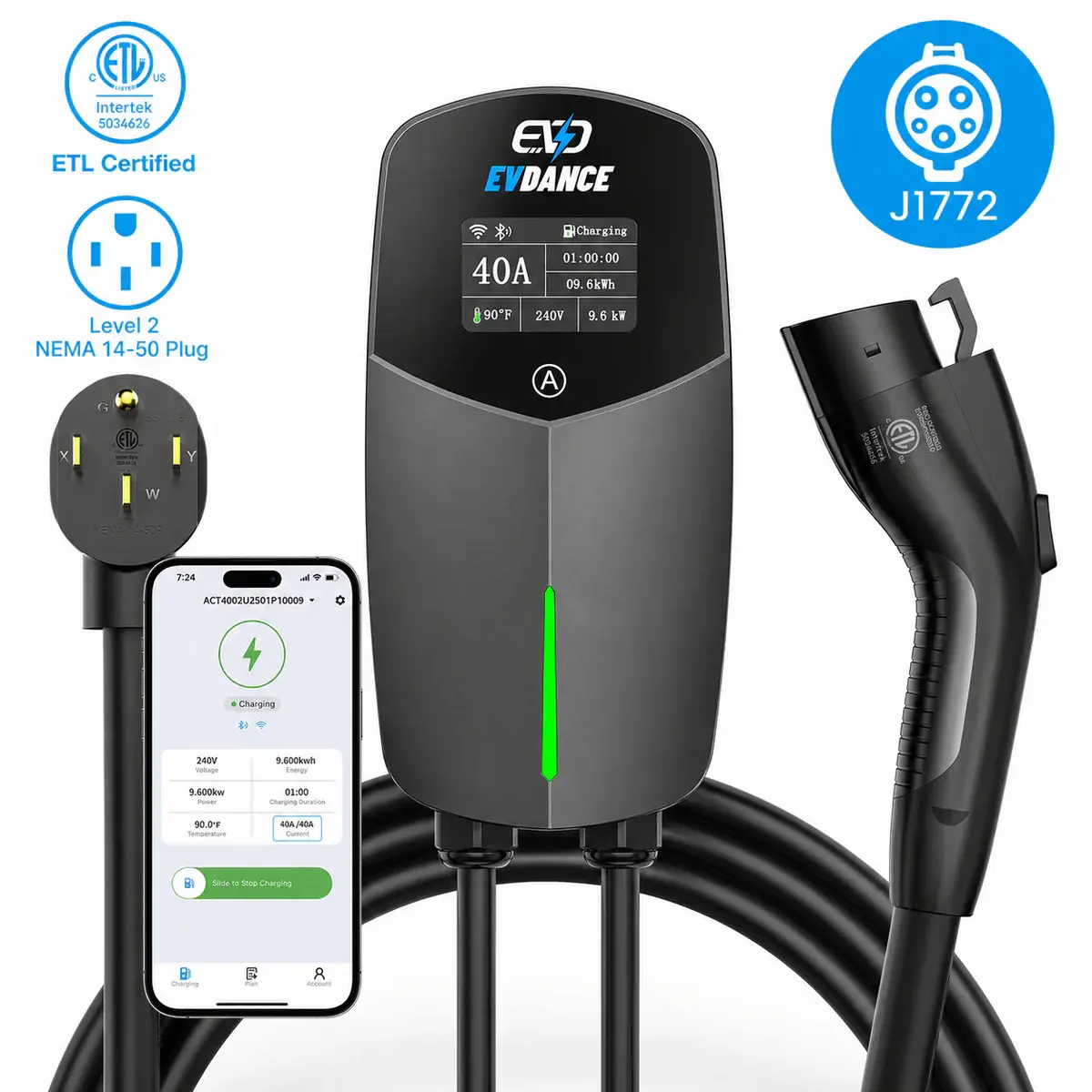 EVDANCE Level 2 Home EV Charger | 40A | NEMA 14-50 | J1772 | Wall-Mounted Plug-In | ETL Certified