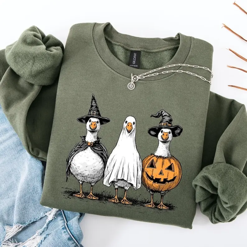 Funny Halloween Goose Sweatshirt,Spooky Season Unisex Pullover,Ghost Pumpkin Duck Fall Shirt,Halloween Gift Tee,Woman Halloween Sweatshirt