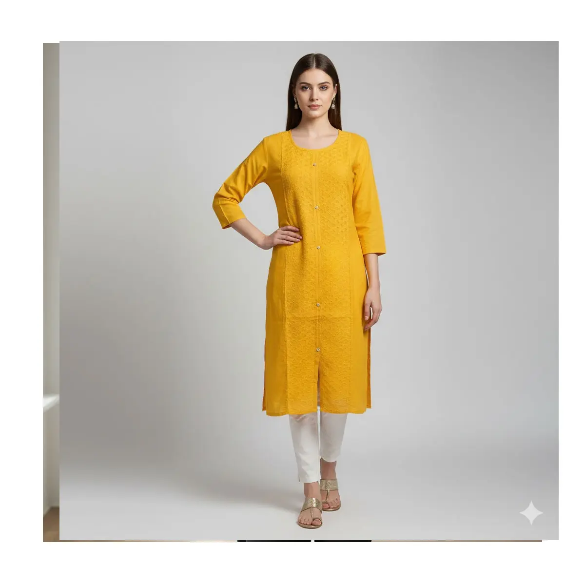Floral Cotton Kurti Dress/Top -14 Mustard Yellow with Embroidered Yoke & Bell Sleeves A-line Style for Summer Comfortable & Elegant