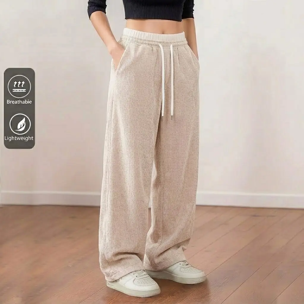 Women’s Double-Layer Corduroy Bottoms - Elastic Waistband with Drawstring, Straight-Leg Long Pants, All-Season Design Suitable for Casual Daily Wear and Outdoor Activities, Bottom