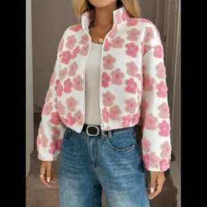 Women's Plush Long Sleeve Jacket Zipper Coat, Warm Textured Fabric, Flower Design, Fall Winter Fashion, Casual Style