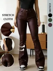 Women's High Waist Fitted Faux Leather Pants, Mild Flare Design, Elastic Shaping, Modern Versatile Style, Elegance, Comfortable and Stylish, Lady, Womenswear