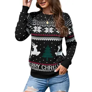 Womens Christmas Sweaters 2025 Pullover Reindeer Ugly Christmas Sweaters Long Sleeve Crew Neck Snowflakes Pattern Jacquard Knit Sweater,Black - XL