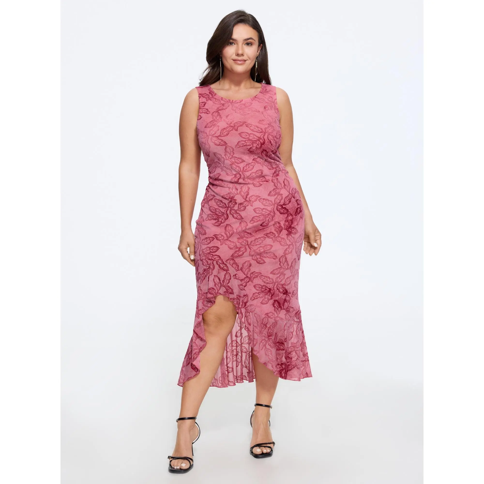 BloomChic Plus Size Timeless Floral Gradient Spandex Mesh Dress, Casual Sleeveless Garment with Ruffles and Irregular Hem, Stretchy Fit, Fabric