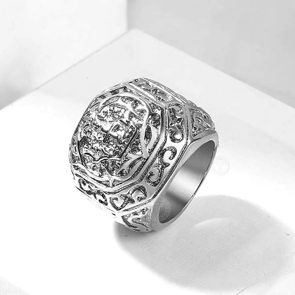 Hermah Male Ring Stainless Steel Ring Carved Cross Comfort Fit Rings for Men Boys 8-13 Size