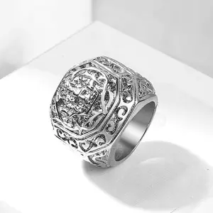 Hermah Male Ring Stainless Steel Ring Carved Cross Comfort Fit Rings for Men Boys 8-13 Size