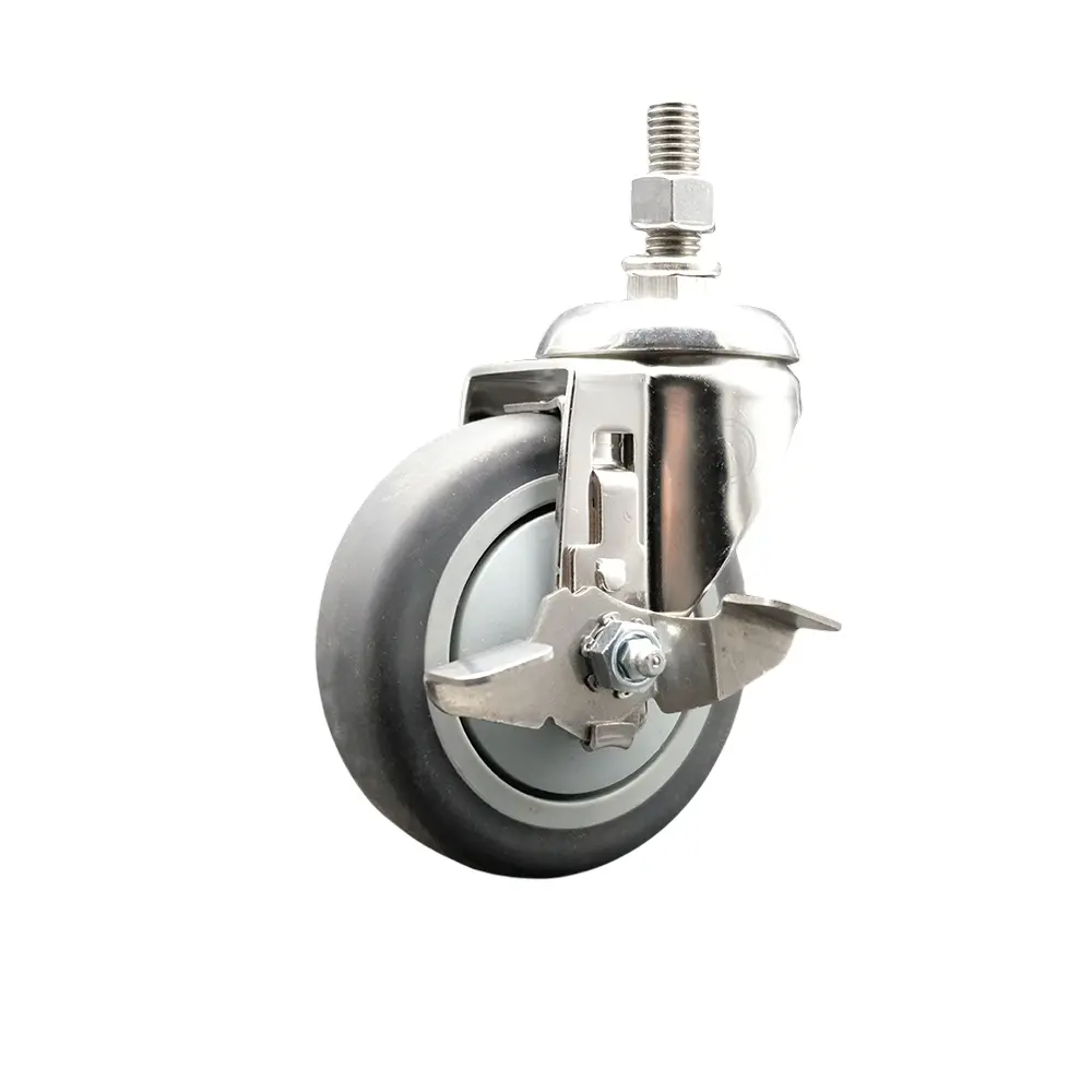 Service Caster SCC-SS316TS20S414-TPRB-TLB-M1015 Thermoplastic Rubber Swivel Stem Caster with 4 in. Gray Caster Wheel & Top Lock Brake - 10 mm Metric Threaded Stem - 316 Stainless Steel Caster