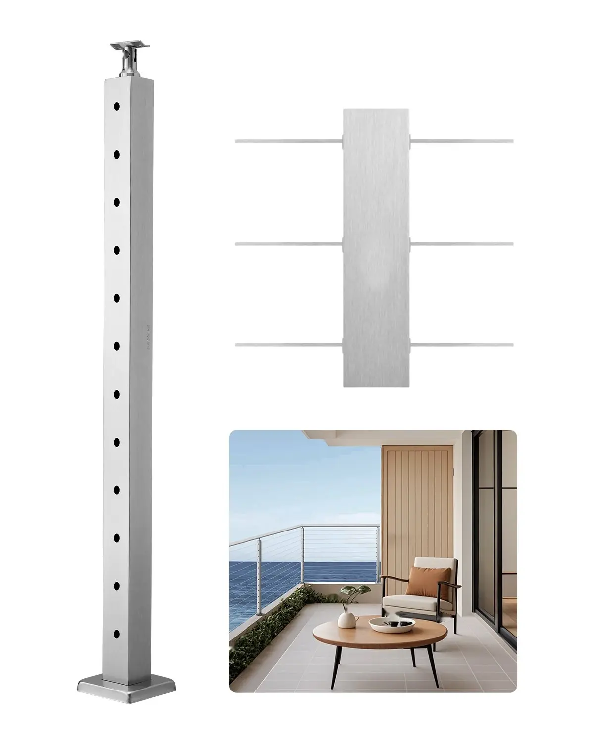Stainless Steel Cable Railing Post For Deck And Stair, 42x2x2 Inch Level Post, 1-Pack With Pre-Drilled Pickets And Mounting Bracket, Silver Finish, Cable Handrail Post System For Outdoor Railing Kit