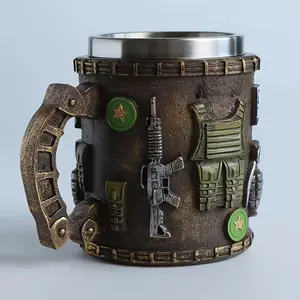 Double-walled insulated military-themed beer mug, featuring army designs - realistic soldier equipment replicas - a durable gift for veterans, soldiers, campers, and military enthusiasts.