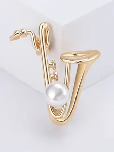 New Korean Style Creative Fashion Saxophone Brooch, Alloy Pearl Instrument Pin, Simple Versatile Clothing Accessory, Holiday Gift