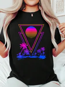 90s Vaporwave Aesthetic Palm Trees Retro 80s Art Vaporwave T-Shirt Print T-Shirt Casual Crew Neck Short Sleeve Comfort Tee Top For Spring & Summer Women's Clothing