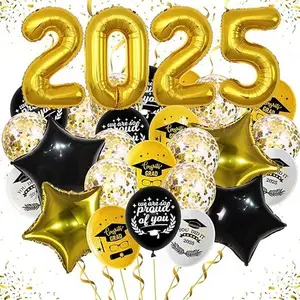 Graduation Balloons Party Decorations 2025 Graduation Black Gold Confetti Balloons, Graduation Theme Balloons for 2025 Graduation Party Supplies.