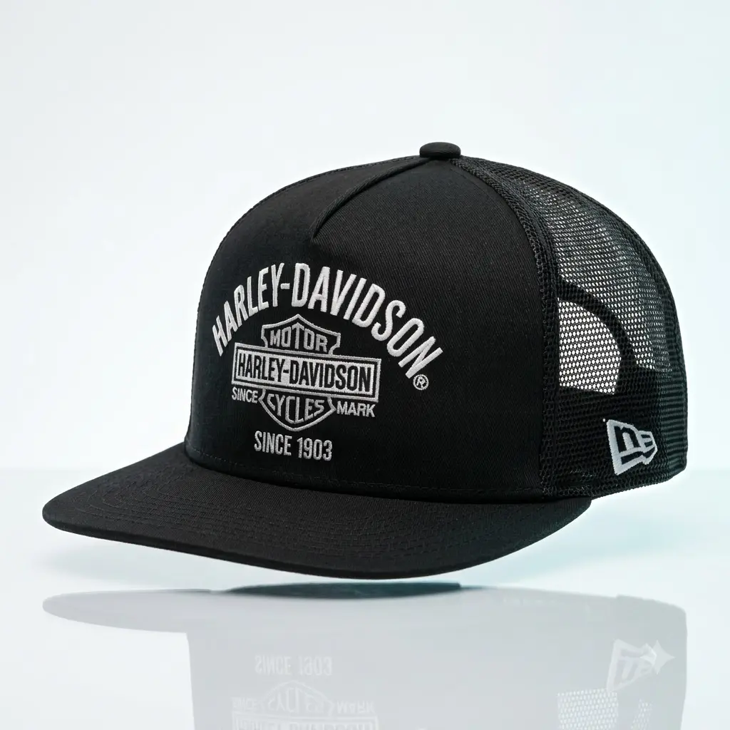 Harley-Davidson Black Trucker Hat Embroidered Motorcycle Logo Snapback Mesh Back Flat Brim Biker Cap Gift For Him