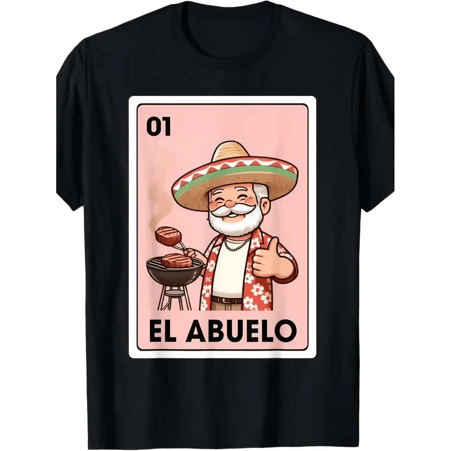 Women's Cotton Short-Sleeve Round Neck T-Shirt, Smooth Relaxed Fit, Retro El Abuelo Mexican Bingo Grandpa Design with Wide Brim Hat and Maracas
