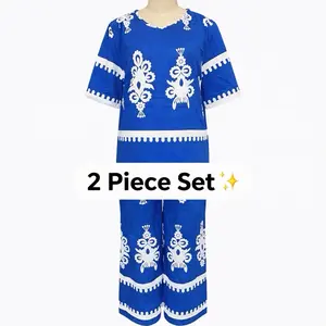 Women's 2 Piece Printed Set Loose Top & Wide Leg Pants in Blue with White Embroidery Multiple Colors