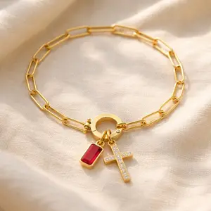 Cross Birthstone Bracelet, Dainty Cross Charm Bracelet for Women, Paperclip Chain Stackable Trendy Bracelet Gift, Jewelry Gifts for Women