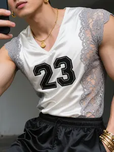 INCERUN Men's Fashion Simple Digital Print Lace Patchwork V-Neck Tank Top Sleeveless Shirt, Stylish And Comfortable, Suitable For Daily Wear