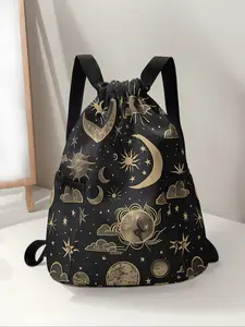 Stars & Moon Pattern Drawstring Backpack, Large Capacity Durable Fitness Bag, Adjustable Straps, Casual Beach Travel Hiking Camping