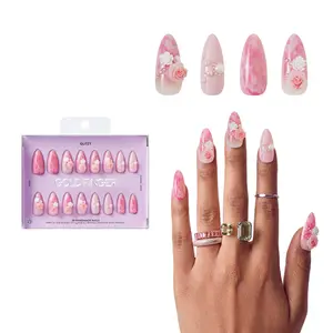 Gold Finger Glitzy 3D Press-On Nails in Five Star – Long Almond Fake Nails, Pink Marble & 3D Roses, Luxury Glue On Nails, 28 Pc Kit