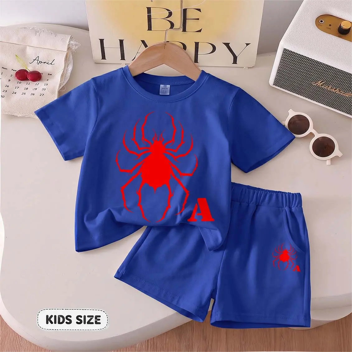 Kids’ “Spider” Cartoon Print Short-Sleeve T-Shirt And Shorts Set—Casual Summer Kids' Clothing. This Round-Neck Outfit Combination Is Perfect For Everyday Wear And Outdoor Play.