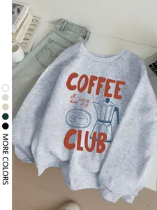 Women's Sporty Fitted Letter & Coffee Print Sweatshirt, Fall Casual Ribbed Long Sleeve Round Neck Pullover, Fashion Daily Top for Women