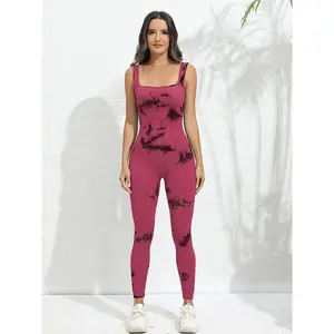 Tie-Dye Women's Yoga Ribbed One-piece Tank Top One-piece Pants Sleeveless Exercise Jumpsuit