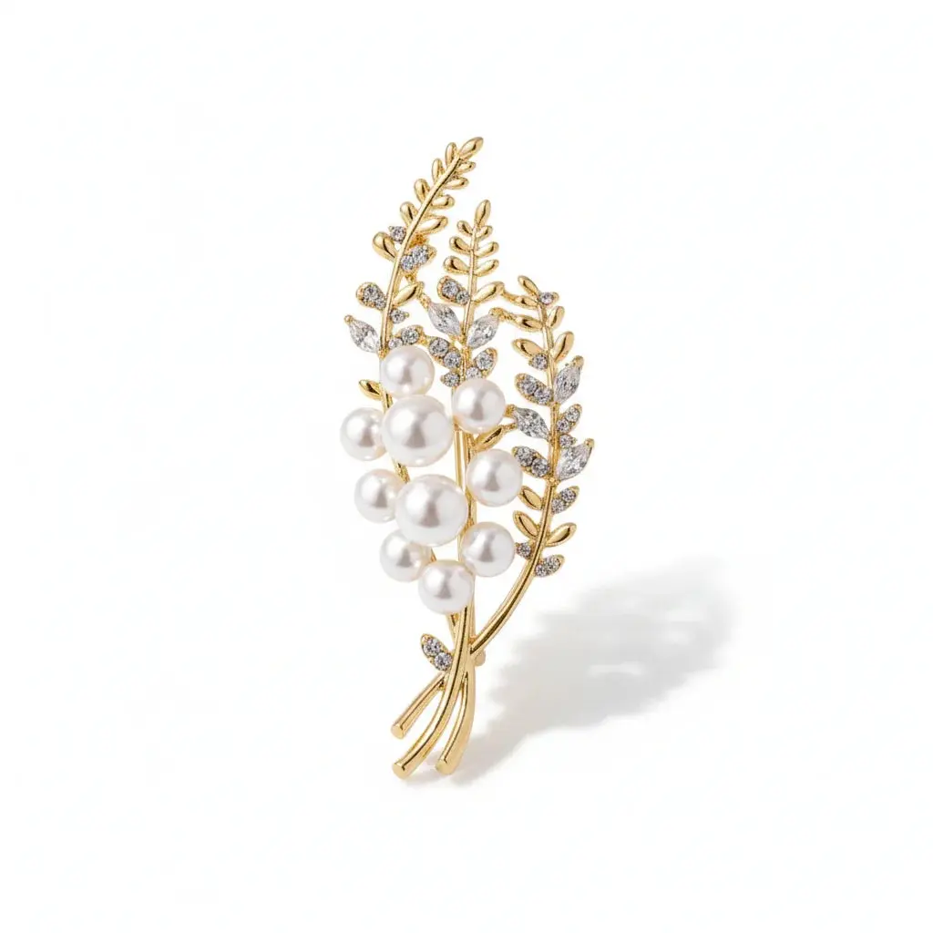 Golden Pearl Leaf Brooch