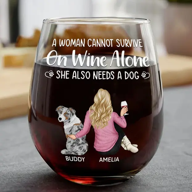A Woman Cannot Survive On Wine Alone She Also Needs A Dog Personalized Glass, Happy Wedding, Friendship Whiskey Glass, State to State Engraved Bourbon Glass, Personalized Gift for Best Friend, Custom Name Rocks Glass, Friendship Gift, Birthday Gift,