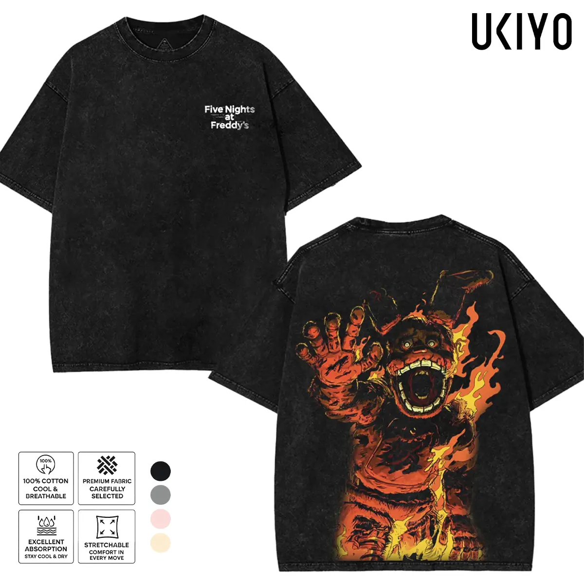 Five Nights at Freddy's Springtrap Graphic Tee | Vintage Mineral Washed Oversized T-Shirt | FNAF Bonnie Burning Flame Heavyweight Cotton Menswear Streetwear Top Fabric Seamless