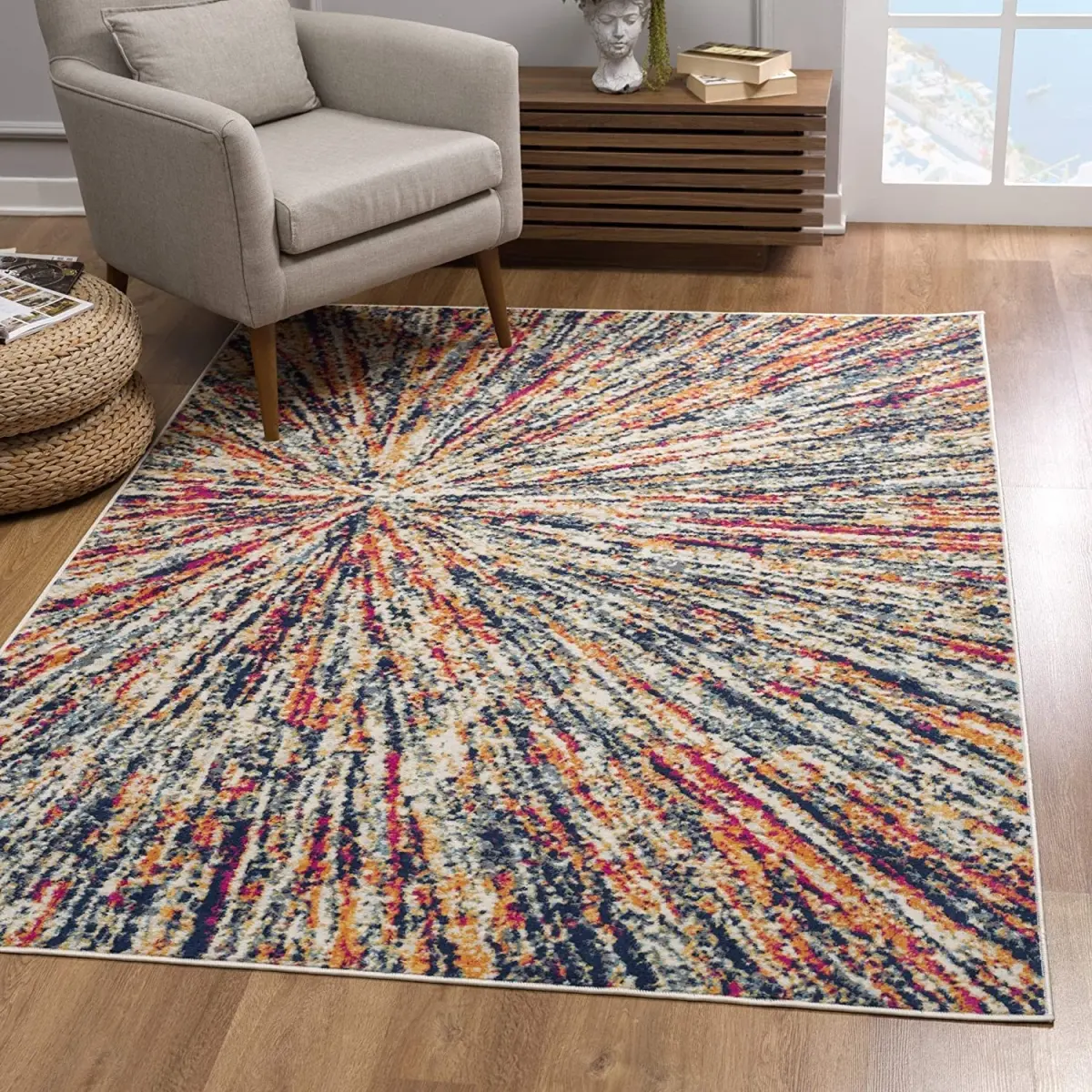 212 MAIN Celestial Burst Abstract Art Cream Rectangle Area Rug, 5x8 ft, Low Pile, Modern, Stain Resistant