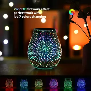 Glass Electric Wax Melt Warmer Oil Burner with Stable Heating PTC Reusable Silicone Tray 7 Colorful Changing Led Light Night Light Scent Warmer for Home Fragrance-Firework