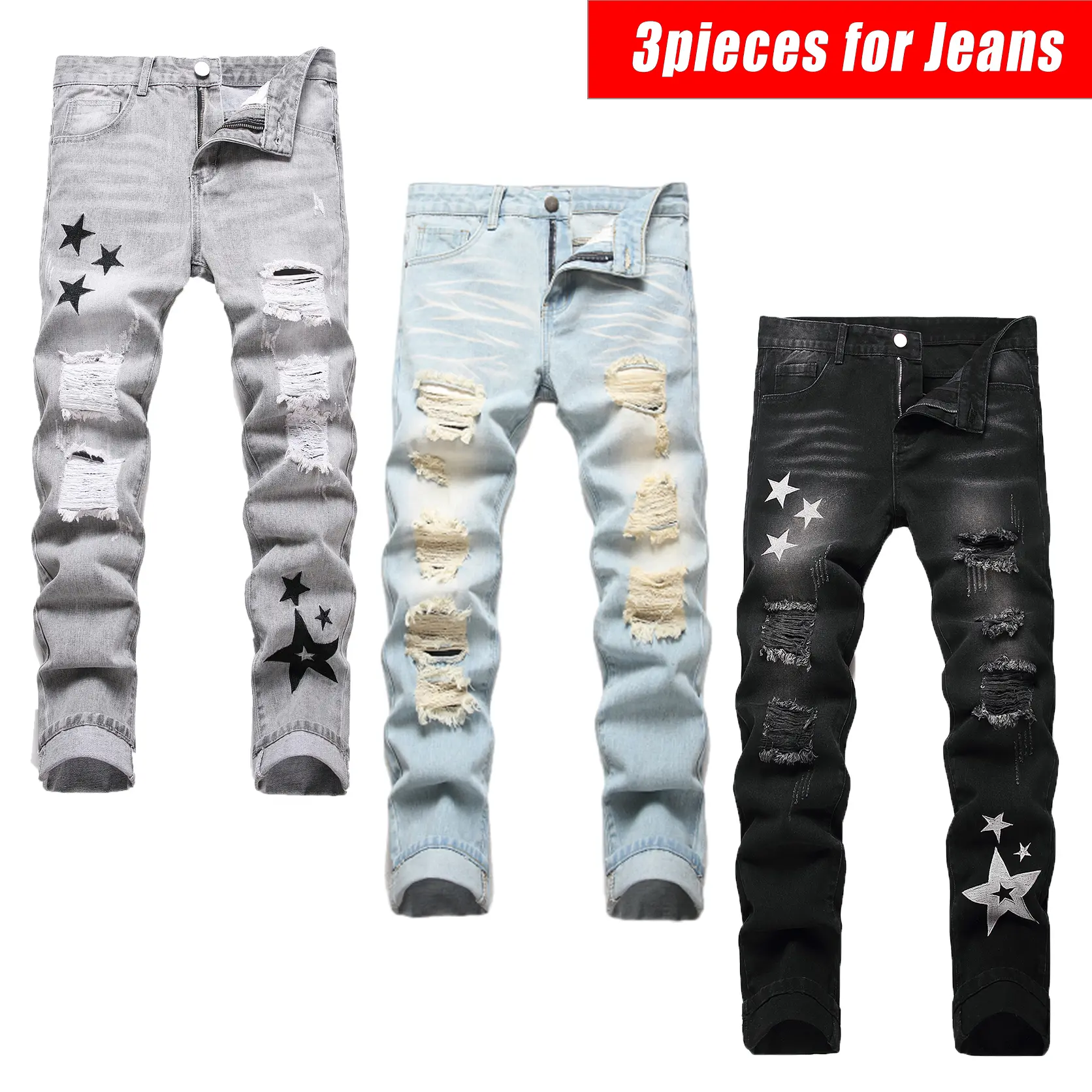 Men's 3-Pack Slim Fit Distressed Straight Leg Denim Jeans - 5-Pocket Polyester Menswear Pants with Buttons, Fringe, Foldable Design, Embroidery, 3 Distinct Styles, Hip-Hop Edge for Casual Streetwear Outfits