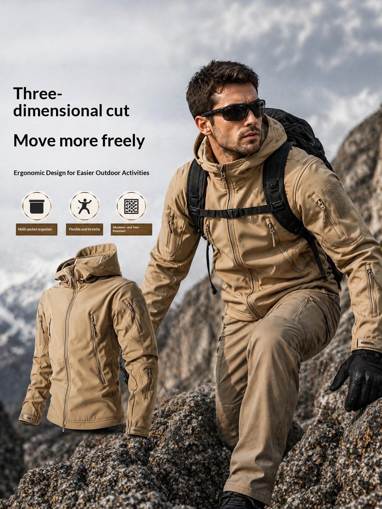 Men’s tactical softshell fleece outdoor jacket, windproof, waterproof, wear-resistant, breathable, multi-pocket mountaineering hiking jacket, Multi-Pockets, Universal Sport