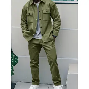 2pcs Men'S Casual Solid Color Sweatsuit Set, Polyester Knit Fabric with Slight Stretch, Regular Fit, with Lapel Collar, Button Details, for Spring/Fall - Fashionable American Style Workwear Jacket and Pants Combo