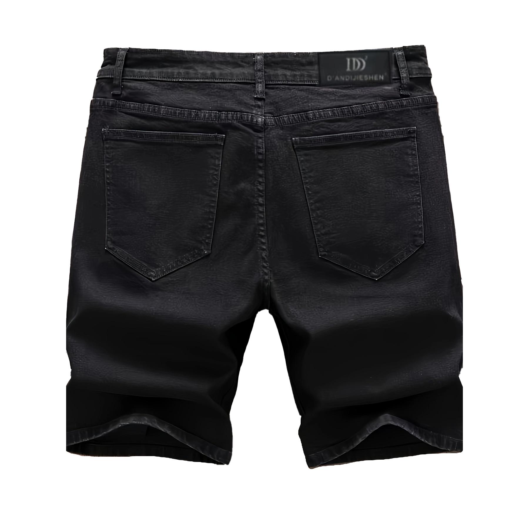Men’s summer straight-leg black printed distressed ripped denim shorts — European/American fashion trend
