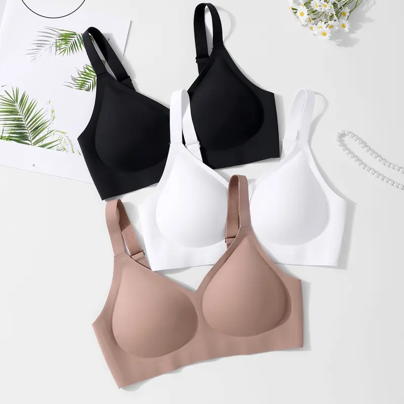 3/4/5 Pack, 12 colors, Solid-color women's seamless jelly bra, Fit, Four rows three buttons, XS-XL size, Fixed underwire, gathers at the top, adjustable back, Suitable for daily casual wear and commuting