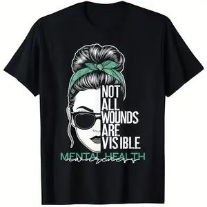 Fashion Designer TShirts with Mental Health Awareness Graphic Tee Not All Wounds Are Visible Casual Fitted Cotton Crewneck T-Shirt for Men Women All Seasons Wear Machine Washable Unisex Menswear Top Streetwear Tshirt Womenswear