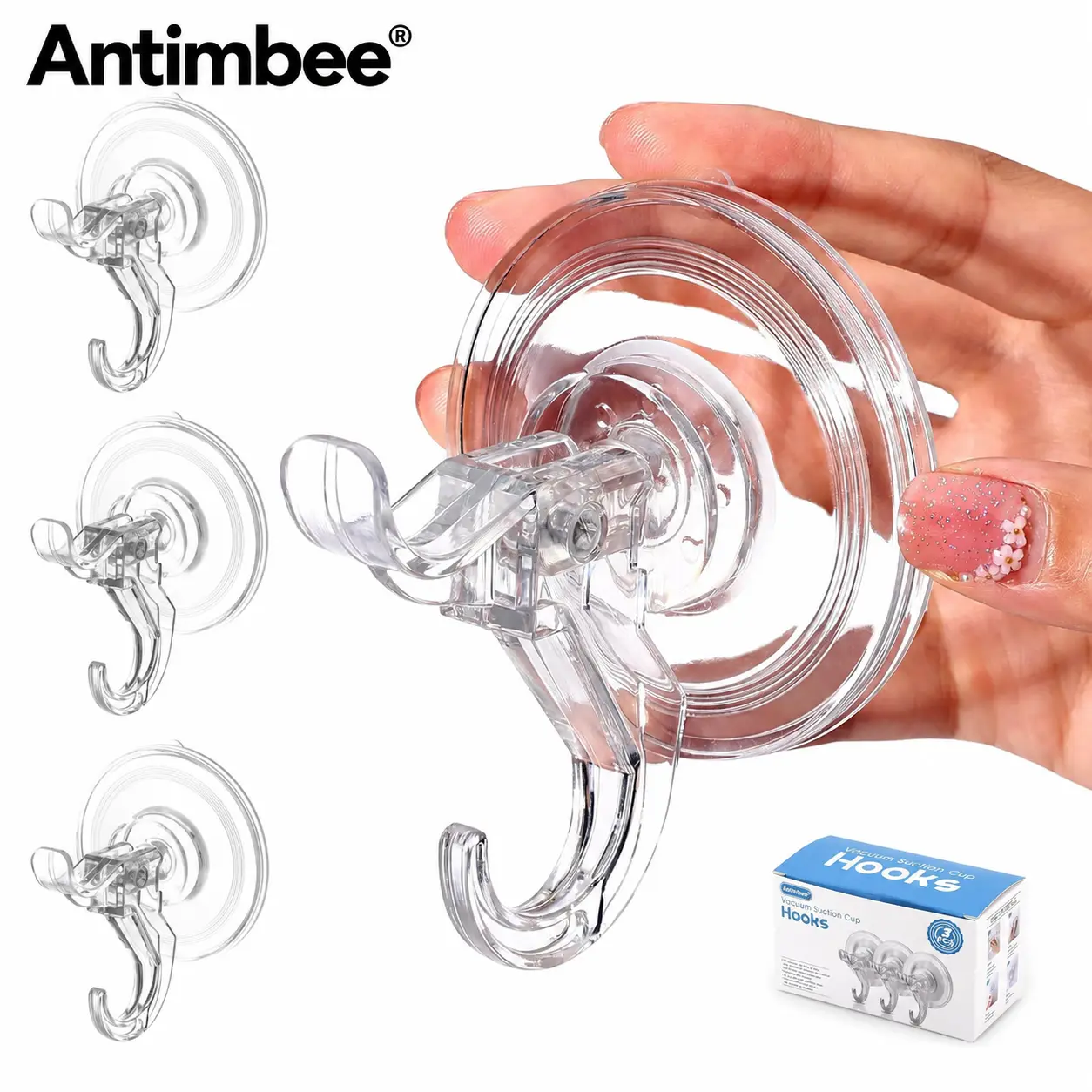 Antimbee 3-Pack Premium Plastic Double-Hook Suction Cup Home Organizer Hooks, Max 11lbs Hold, Lift-to-Remove, Lifts Off Clean No Stains, Patent-Pending, Easy Installation, Bathroom Organizing Accessories (Fits Glass, Mirrors, Doors)