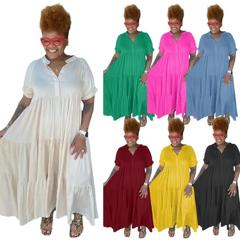 2025SummerPlusSizeMaxiDressWomenFashionHolidayBeachCasualButtonLapelDressFitShirtWomenswearBasic
