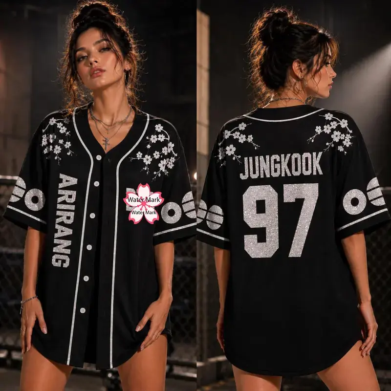 97 Arirang Black Silver Glitter Baseball Jersey, Cherry Blossom Concert Button-Down Shirt, Y2K Kpop Streetwear Women