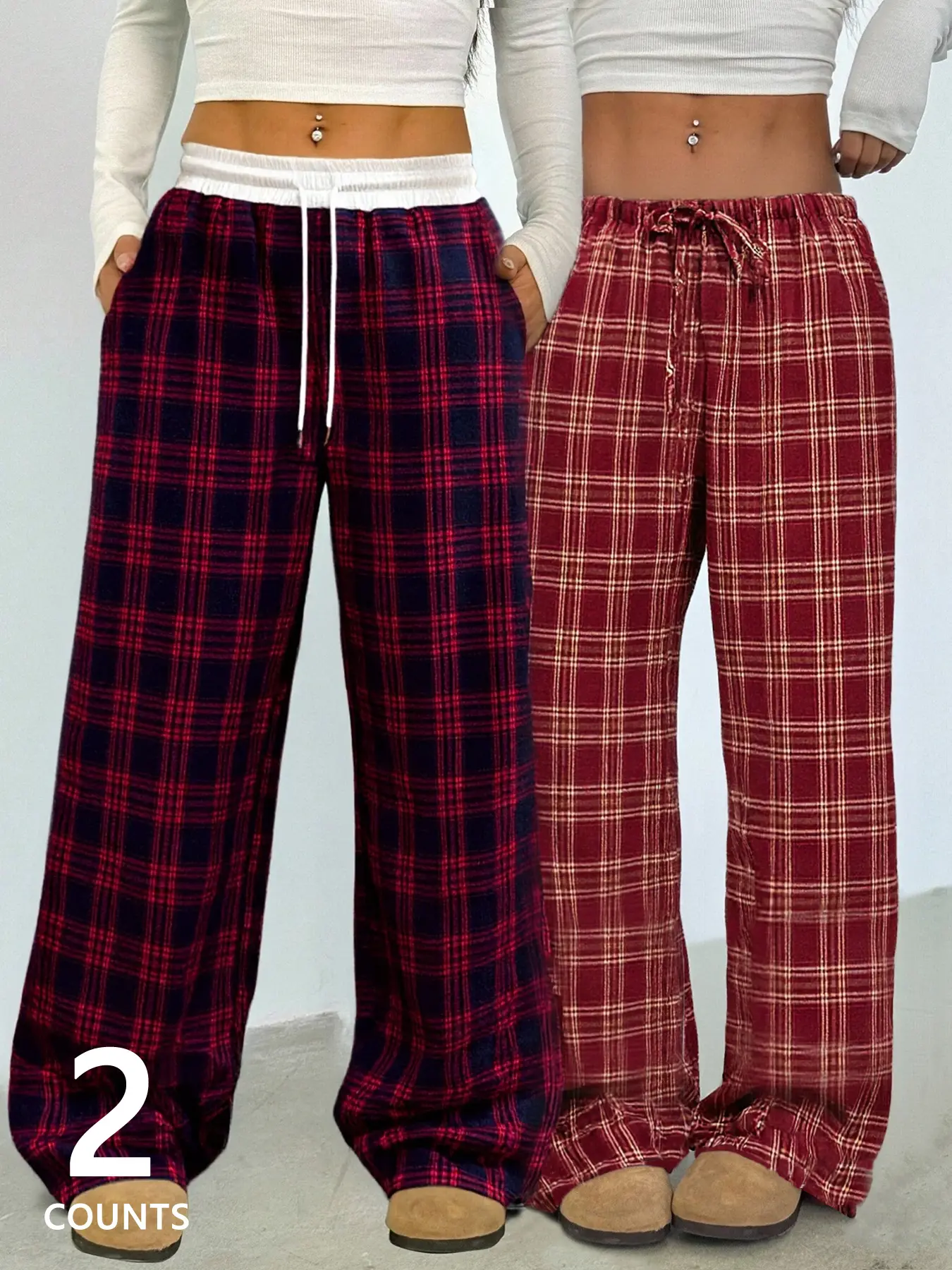 Women's Plaid Sweatpants Set, Casual Loose Fit, Fashionable Streetwear, Natural Waist, Drawstring Waist, All Seasons