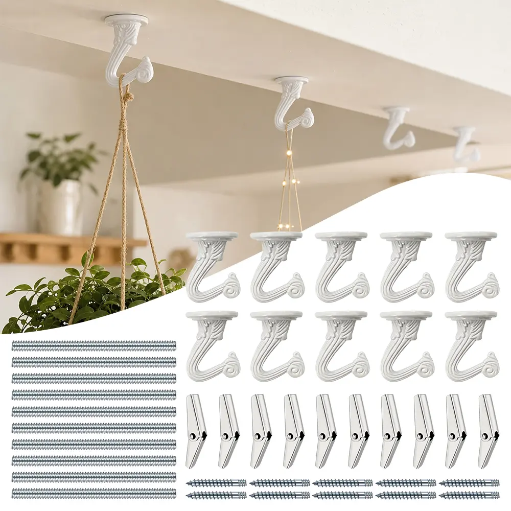 10 Sets Heavy Duty Ceiling Swag Hook Kit with Complete Hardware, Wall & Cavity Mount Metal Hanging Hooks, Perfect for Hanging Plants, Lights and Chains, Easy Install Indoor Ceiling Fixing Accessories