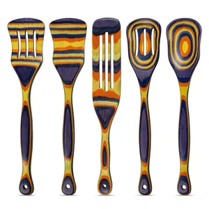 Pakkawood Cooking Utensils - 5 Piece Wooden Set with Spatula, Slotted Spoon, Spaghetti Spoon & Cooking Spoon - Eco-Friendly, Heat-Resistant & Non-Toxic Kitchen Tools Nonstick
