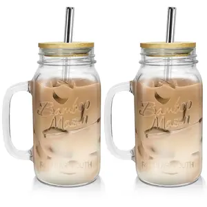 24oz Mason Jar Glass Cups with Bamboo Lids & Straws - Set of 2,  Glass Cups with Handle, Ideal for Beverages, Smoothies, and Water Infusions