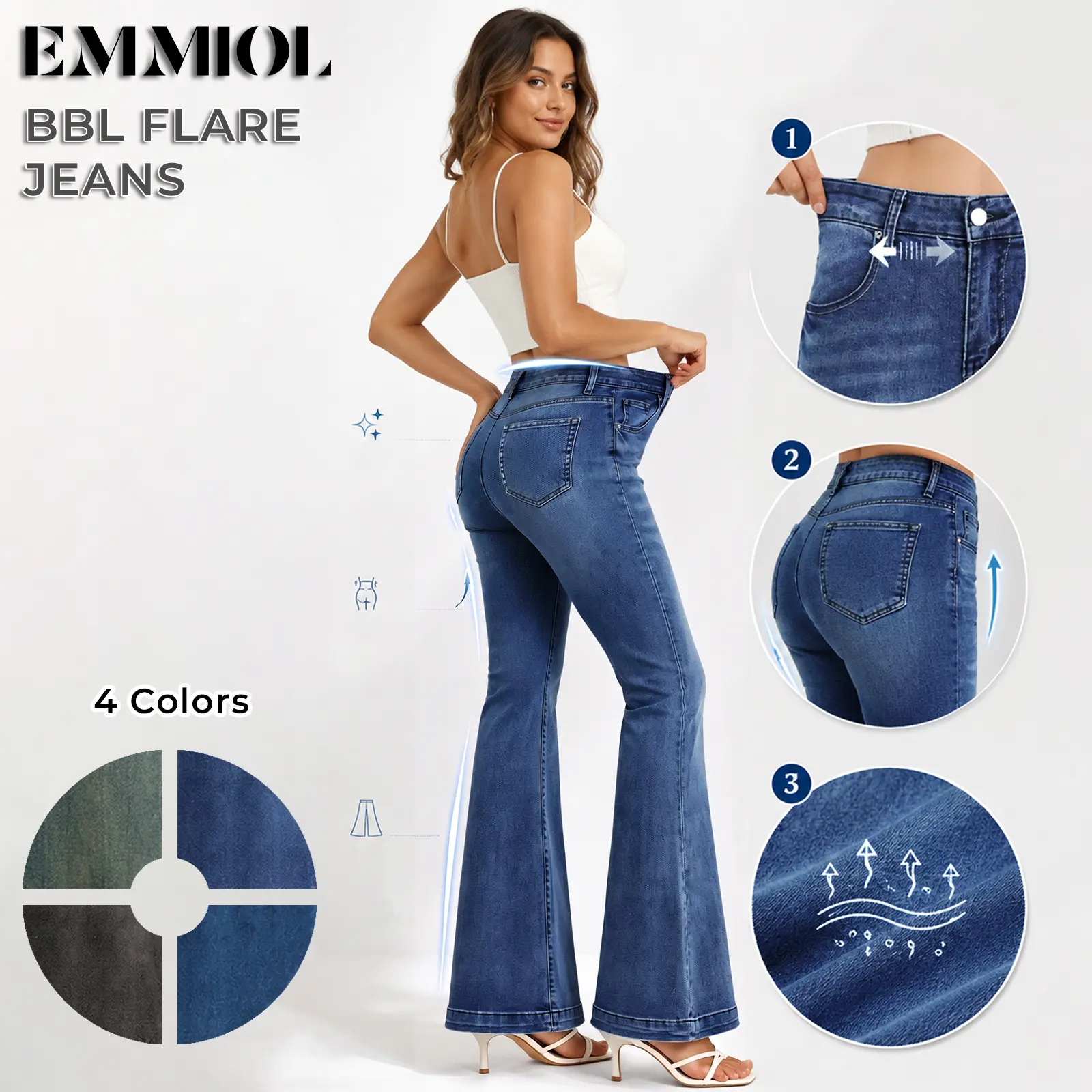 EMMIOL【Buy 4 Save 50】Women’s Y2K Vintage Denim Flare Jeans – Stretch Wide Leg Mid-Low Waist Casual Bootcut Jeans Outfit For Trendy Streetwear Curvy Bootcut Jeans for Women, Mid-Rise Insta Stretch Denim, Size-Inclusive Jeans Western Cowboy Jeans